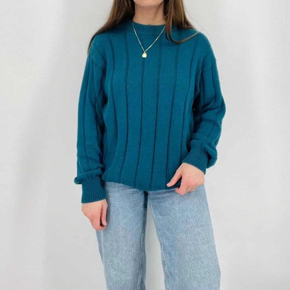 vintage retro slouchy ribbed ramie cotton blend crewneck sweater turquoise blue - Picture 6 of 6